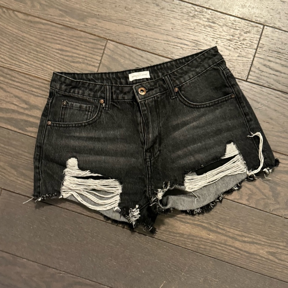 Black denim distressed mini shorts